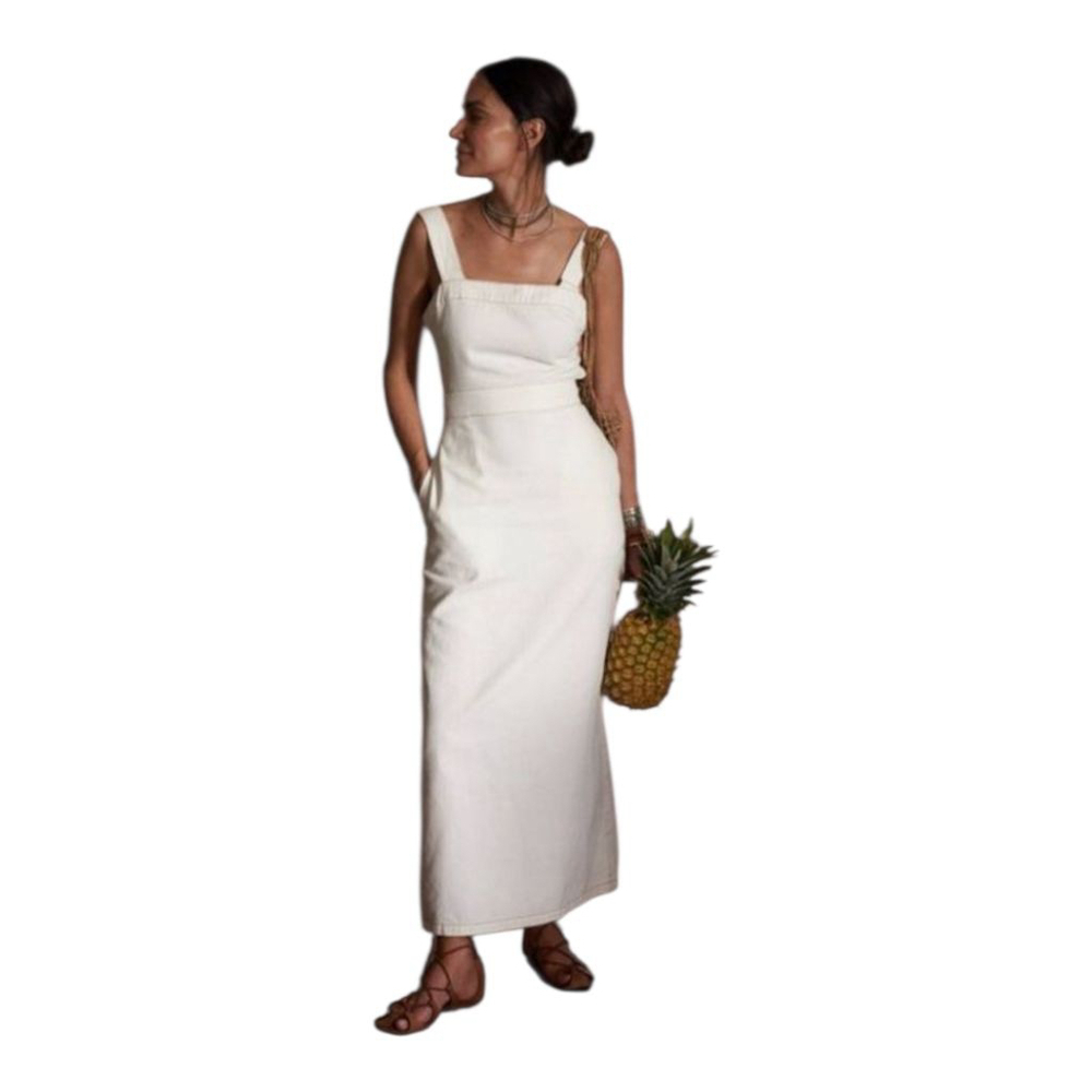 Future Collective Maxi Ivory Denim Bib Dress with Cute Bow Back - Picture 3 of 15